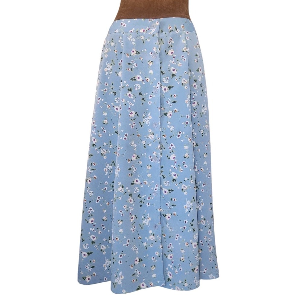 Vintage Teddi Light Blue Floral Skirt Size L Petite Cottagecore Button Front
